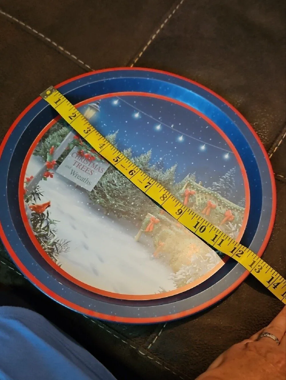 Blue and Red Holiday Tree Scene Decorative Serving Tray